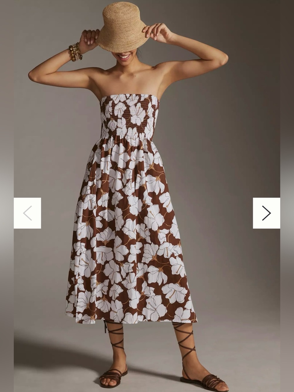 Faithfull the Brand- Strapless Brown & White Floral Madella Smocked Midi Dress
